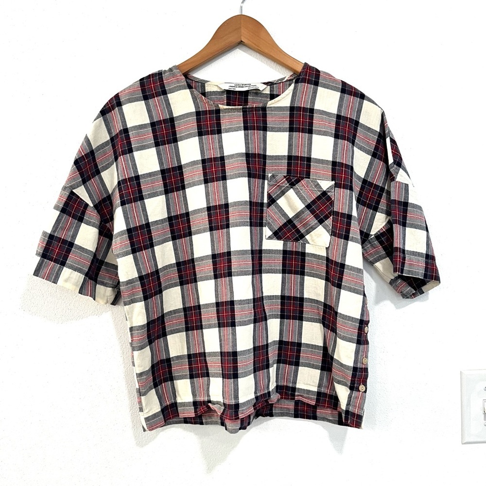 ZARA plaid short sleeve holiday top with side button detail size XS - Picture 2 of 9